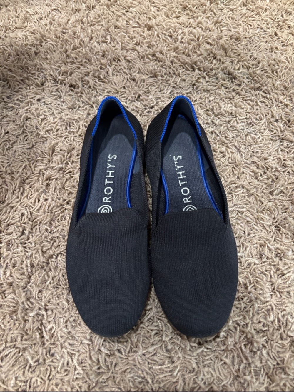 Rothy's Black Knit Slip-On Flats with Blue Trim
